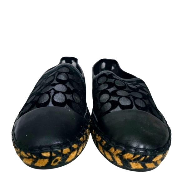 Coach Women 6B Cleo Black Logo Round Leather Cap Toe Mesh Slip-On‎ Espadrilles - Picture 4 of 15